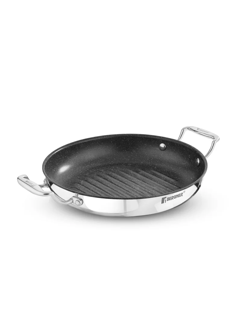 بيرجنر Bergner 26cm Triply Stainless Steel Grill Pan with Quantanium Nonstick Coating, Low-Oil Healthy Cooking Skillet for Meat and Vegetables, Fast Even Heating Frying Pan, Gas & Induction Compatible